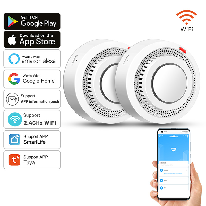 Smoke Detector Interconnected - 2팩 투야 스마트 WiFi 연기 감지기,