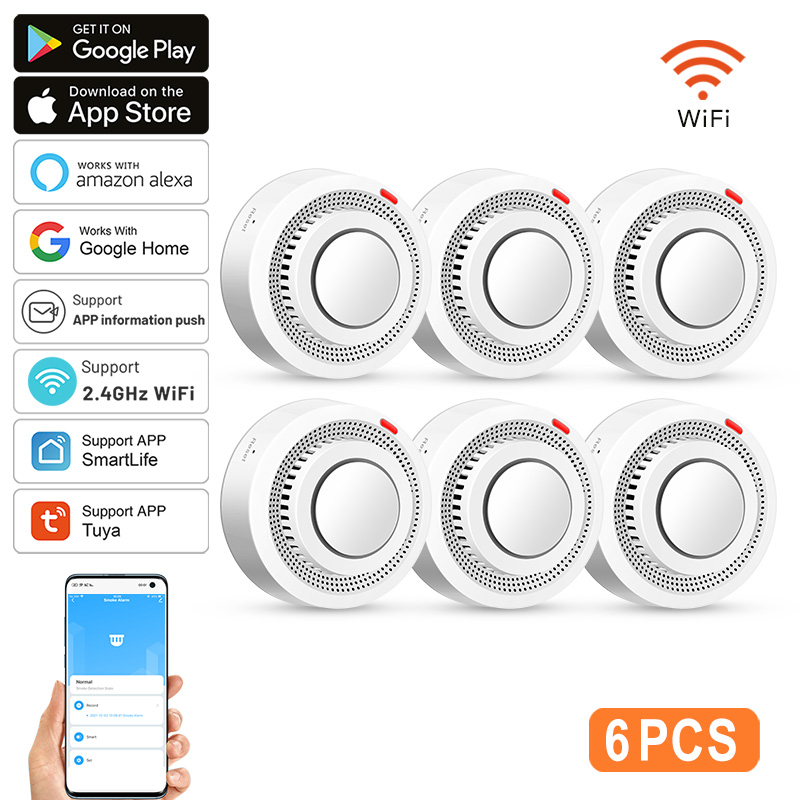 Smoke Detector Interconnected - 6팩 투야 와이파이 스마트 연기 감지기